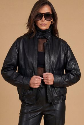 D'Arienzo Bomber oversize in pelle raggrinzita nera con colletto in montone staccabile DArienzo, Seleziona Taglia L-XL, Colore Nero