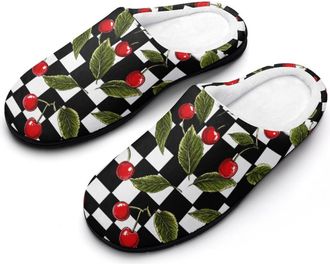 Generic Black And White Checkered Cherry Mens Slippers Comfortable And Non-slip Cotton Slipper Shoe for House