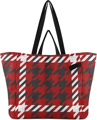Generic Houndstooth Red print Reusable Canvas Tote Bag, Heavy Duty Grocery Shopping Bag with Hard Bottom Double Handles Large Capacity Work Groceries Travel