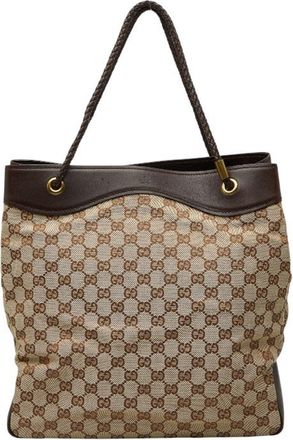 Gucci Beige Brown Canvas Leather Shoulder Bag Tote Bag (Pre-Owned)