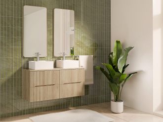 Vente-Unique Mobile bagno sospeso scanalato con lavabo da appoggio quadrato Naturale chiaro 120 cm - ORISO