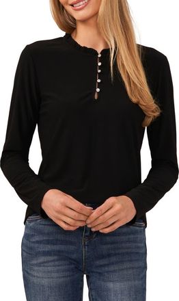 CeCe by Cynthia Steffe Ruffle Trim Knit Henley in Rich Black at Nordstrom, Size X-Small