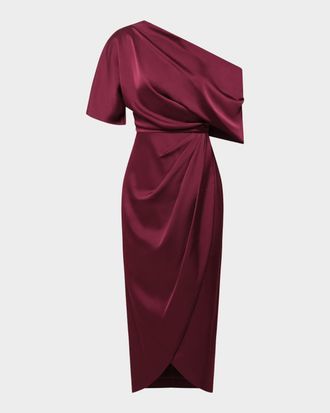 Theia Rayna Draped One-Shoulder High-Low Gown