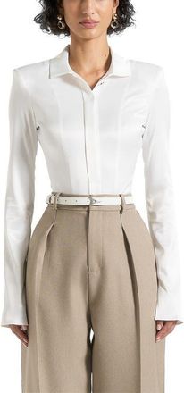 Mani&egrave;re De Voir Louise Wide Shoulder Satin Shirt Bodysuit in Off White at Nordstrom, Size 8