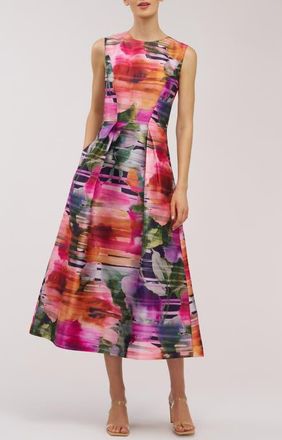 Kay Unger Tessa Watercolor Floral Midi A-Line Dress in Sunflower Multi at Nordstrom, Size 16