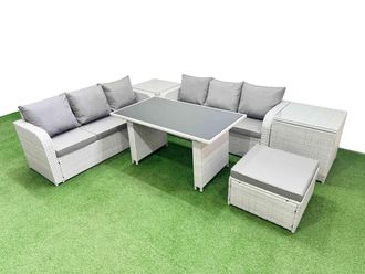 Fimous 7 Seater Rattan Outdoor Dining Table Set with 2 Side Tables Big Stool in Light Grey