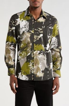 Von Dutch Abstract Print Long Sleeve Button-Up Shirt in Black Green White at Nordstrom Rack, Size X-Large