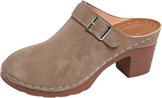 Generic Womens Suede Leather Clogs Chunky Block Heel Closed Toe Slip on Backless Mules Sandals Comfortable Wide Fit Antil Slip Slide Loafers Lightweight Heele