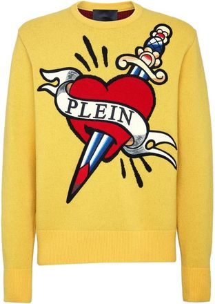 Philipp Plein Pullover Round Neck Love - Heren - Ronde hals truien - Geel - 2XL - Wol - Truien & Vesten