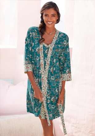 Lascana Kimono LASCANA, Damen, Gr. 32/34, bunt (rauchblau, ecru), Jersey, gemustert, Kurzform, Hausm&auml;ntel Kimono, mit Blumen Allover-Druck