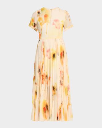 Jason Wu Pleated Watercolor-Print Midi Dress