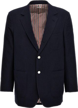 Thom Browne Single-Breasted Seersucker Blazer - Heren - Blazers - Blauw - XS - Wol - Jassen