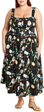 City Chic Almay Square Neck Button Front Stretch Cotton Sundress in Picnic at Nordstrom Rack, Size Xxs/12W