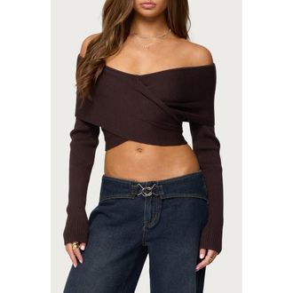 Edikted Paulina Off the Shoulder Wrap Sweater in Brown at Nordstrom, Size X-Small