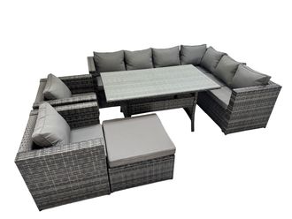 Fimous 9 Seater Patio Dining Corner Sofa Sets with 2 Chairs Big Stool in Dark Grey