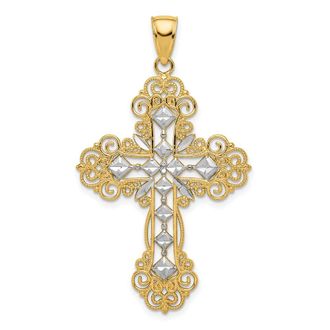Diamond2Deal 10k Yellow Gold Rhodium Polished & Textured Diamond Pattern Cross Pendant