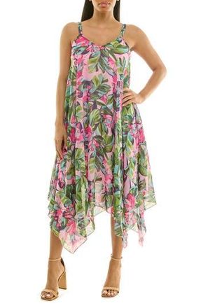 Nina Leonard Patterned Handkerchief Hem Dress in Pink Multi at Nordstrom Rack, Size X-Large