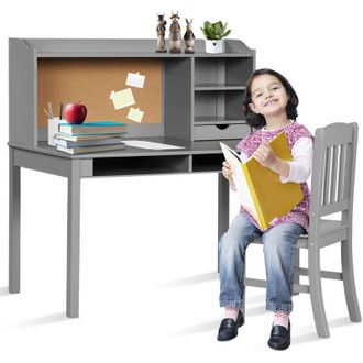 Costway Set Scrivania e Sedia per Bambini 5-12 Anni, Tavolo in Materiale Sicuro con Bacheca in Sughero, 2 Cassetti e Spazio Ampio, Design Moderno