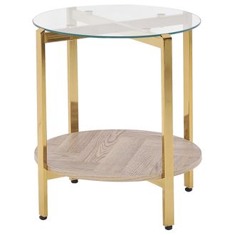 Beliani Beliani - Mesa Auxiliar Moderna Tablero De Vidrio Templado Estructura De Metal 1 Estante Madera Clara Dorado Lovell