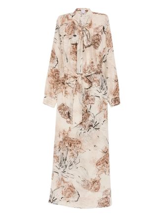 Eleventy floral-print tie-neck dress - women - Silk - 44 - Neutrals