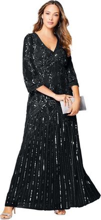 Roaman's Plus Size Beaded V-Neck 3/4 Sleeve Sleeve Maxi Gown in Black at Nordstrom, Size 36