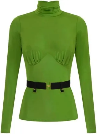 Elisabetta Franchi Overhemden, Dames, Groen, 2Xl, Turtleneck Top van Lichtgewicht Cr&ecirc;pe Jersey