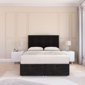 Sloomy Jasmine Plush Fabric Ottoman Bed End Opening With Sprung Memory Mattress & 26 Inch strut Headboard in Black | Size: Small Double