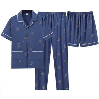 Generic Mens Pyjama Sets 3Xl Cotton MenS Pyjama Sets Shorts Trendy Printed Casual Homewear 3 Pack Set V Neck Button Up Shirt And Two Pyjamas Bottoms Loose Com