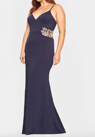 Faviana Beaded Applique Jersey Gown In Navy/gold