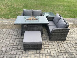 Fimous Rattan Garden Furniture Set with Gas Fire Pit Table 5 Pieces Outdoor Loveseat Sofa Set Dark Grey Mixed