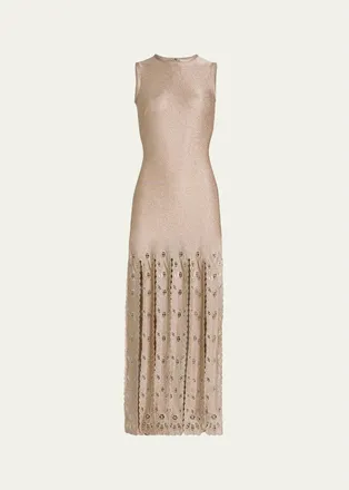 Oscar De La Renta Sleeveless Metallic Jersey Embroidered Fringe Maxi Dress