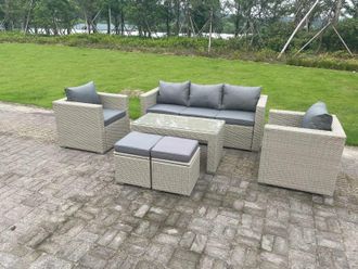 Fimous Wicker Rattan Garden Furniture Sofa Sets Outdoor Patio Coffee Table With Stools Light Grey in Dark Grey