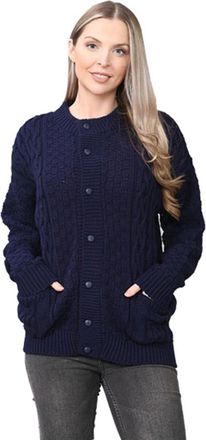 Generic New Womens Sweater Ladies Button Up 2 Front Pockets Full Sleeve Round Neck Cable Knitted Cardigan Navy