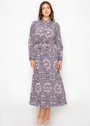 YAL New York Purple Print Midi Dress with Pleated Skirt