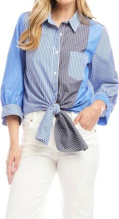 Karen Kane Bo Blouson Sleeve Mixed Stripe Tie-Front Top In Blue