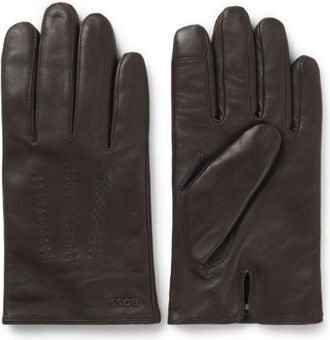 BOSS Wool-blend-lined leather gloves with logo