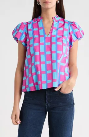 Sugarlips Marvy Checker Kenie Puff Sleeve Top in Fuchsia-Blue-Multi at Nordstrom, Size X-Small