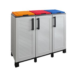 Dmora Armario Para Exterior O Interior, Gabinete De Bolsas De 3 Puertas, 100% Made In Italy, 102x37h90 Cm, Color Gris Claro Y Tapas De Colores, Con Embalaje