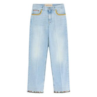Valentino Denim Pants With Embroidered Flower Border