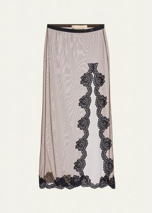 Valentino Garavani Lace-Trim Sheer Jersey Slit Maxi Skirt