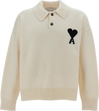 Ami Polo Sweater with Contrast Ami de Coeur Intarsia