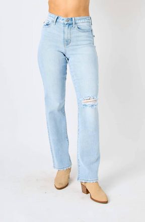 Judy Blue Rip Back High Rise Straight Jeans In Light Blue