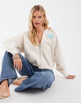 Hollister Felpa con cappuccio color crema con zip e stampa sul retro-Bianco
