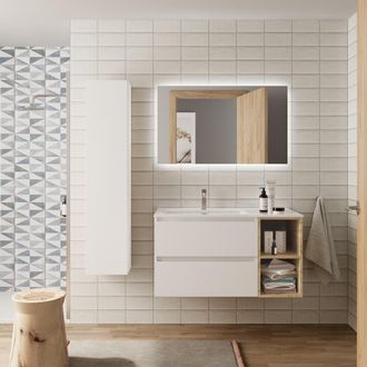 Cygnus Bath Salgar - Mueble Ba&ntilde;o Bequia 100 Cm Blanco Y Coqueta Derecha Roble Con Lavabo