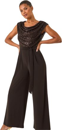 Roman Womens Sequin Bodice Cowl Neck Jumpsuit - Brown - Size 18 UK