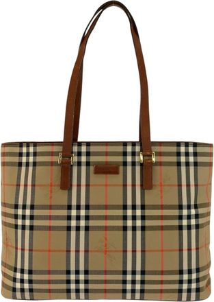 Burberry Beige Brown Canvas Leather Shoulder Bag Tote Bag (Pre-Owned)