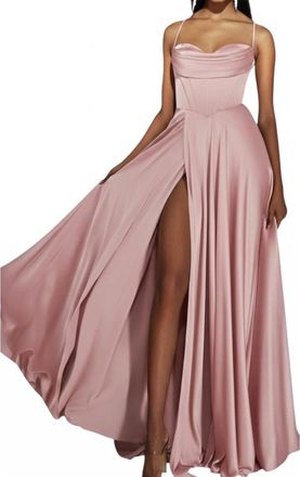 Alyce Paris Cowl Neckline Satin A-Line Prom Dress With Slit In Rosewater
