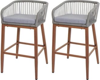 Hhg Hhg - Juego De 2 Taburetes De Bar De Cuerda 110, Asiento De Exterior De Cuerda De Metal Con Aspecto De Madera, Gris Claro, Coj&iacute;n Gris Claro