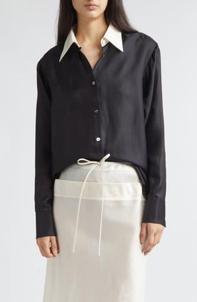 Gia Studios Chiu Contrast Collar Satin Button-Up Shirt in Black at Nordstrom, Size 10 Us