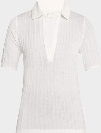 Vince Elbow-Sleeve Silk Rib Polo Shirt